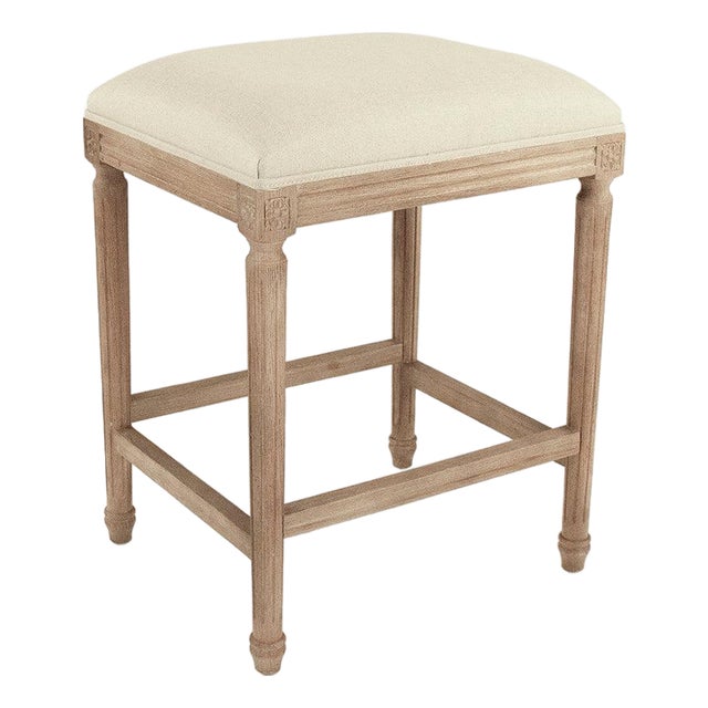 Louis Tufted Counter Stool - Linen / Weathered Gray Frame For Sale