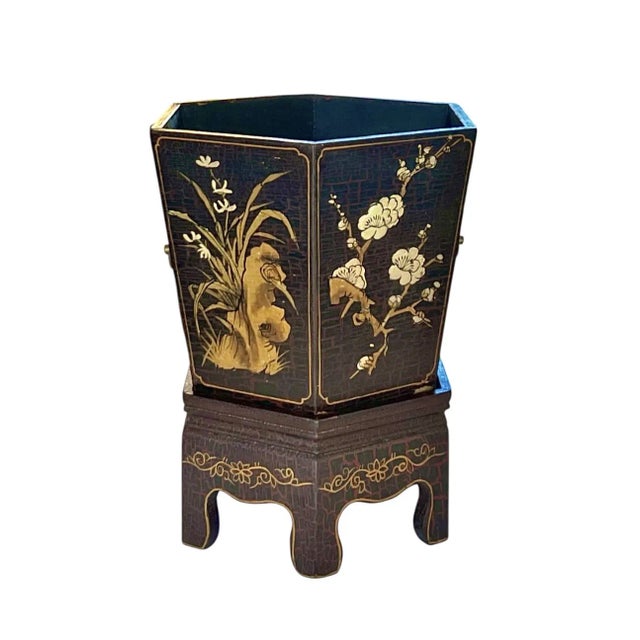 Chinoiserie Vintage Ebonized Chinoiserie Jardiniere/Planter and Base For Sale - Image 3 of 5