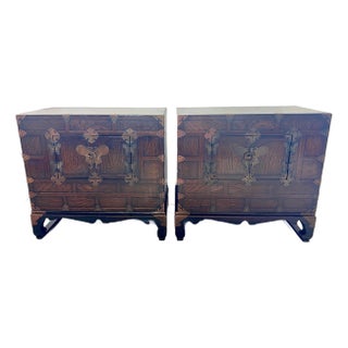 Vintage Joeson Style Kayaki Wood Korean Nightstands / Bandaji Chests With Copper & Brass Hardware, Cabinets or Side Tables - A Pair For Sale