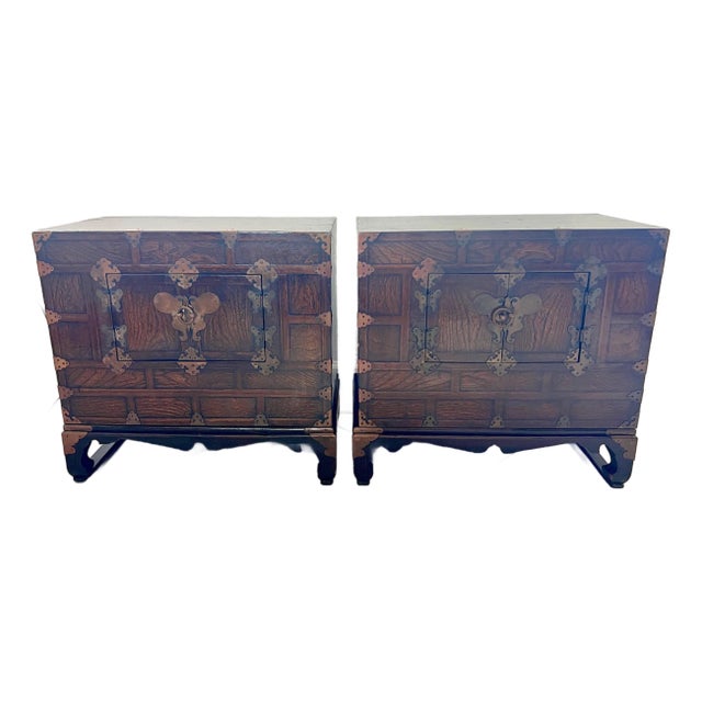 Vintage Joeson Style Kayaki Wood Korean Nightstands / Bandaji Chests With Copper & Brass Hardware, Cabinets or Side Tables - A Pair For Sale
