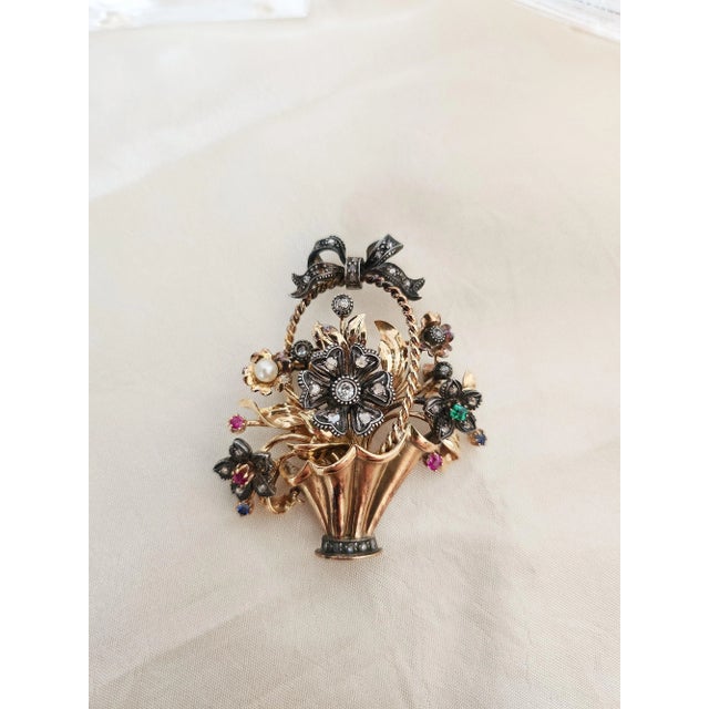 Late 19th Century Late 19th Century Victorian 18k and Platinum Gemstone and Antique Diamond Floral Basket Brooch For Sale - Image 5 of 6