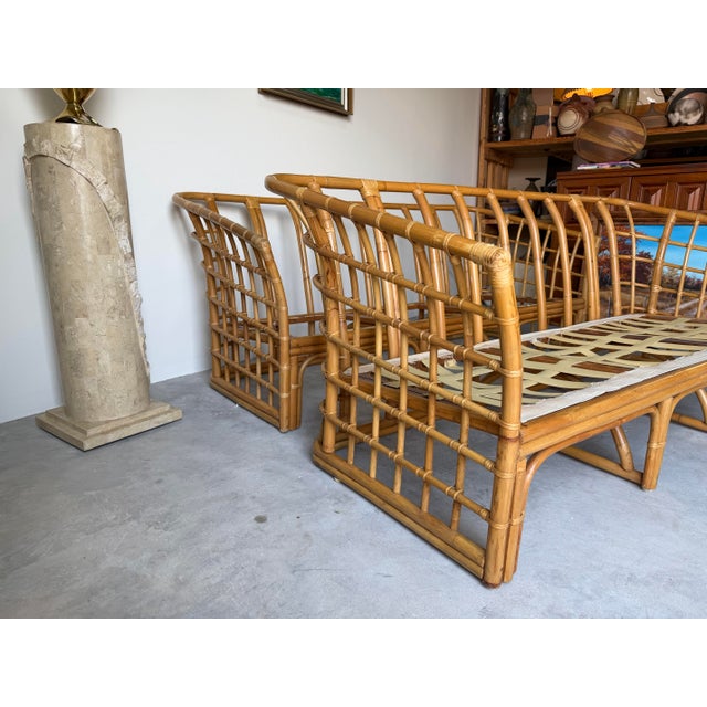 Vintage Ficks Reed Style Bamboo Rattan Sofa With Floral Print Upholstery/ Sold For Sale - Image 12 of 12