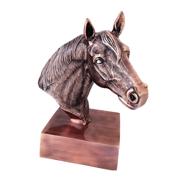 Antique Copper Finish Metal Hand Carved Horse Head Bust Sculpture For Sale - Image 6 of 10