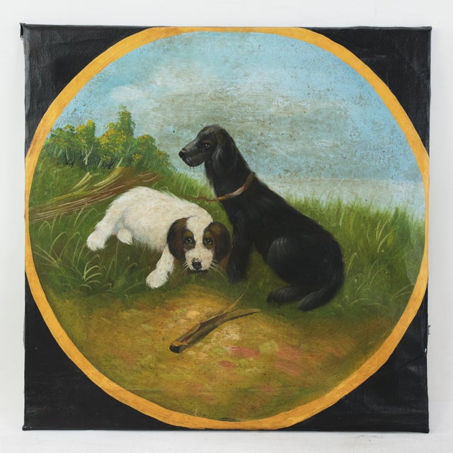 Black Vintage Hand Painted Folk Art Pet Portrait Circular Oil Painting on Canvas With Black and White Dogs in Landscape For Sale - Image 8 of 8