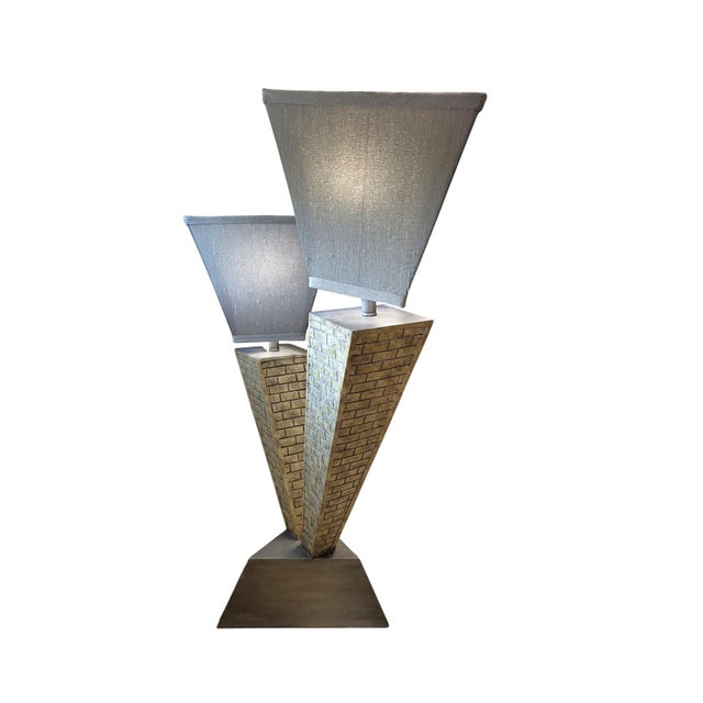 Tan 1970s Brutalist Skyscraper Lamp - Geometric Mixed-Media Table Lamp For Sale - Image 8 of 12