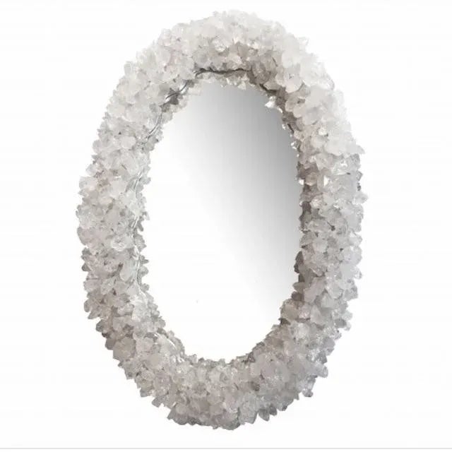 Wood Clear Quartz Rock Crystal Encrusted Rectangular Mirror by Marjorie Skouras, 30" X 54" For Sale - Image 7 of 11