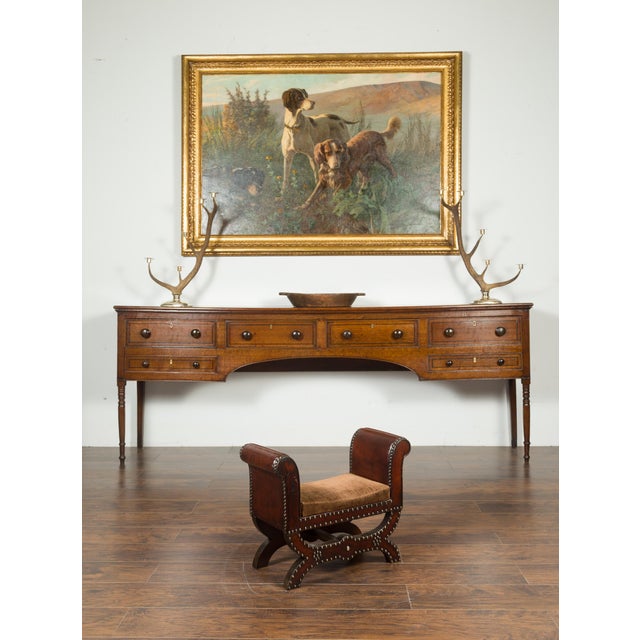 Brown Petite English 1920s X-Form Leather Stool with Out-Scrolling Arms and Nailheads For Sale - Image 8 of 11