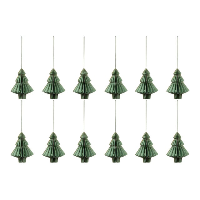 Transitional Miriam Paper Deco Tree Ornaments, Green, Set of 12, 5" For Sale - Image 3 of 3