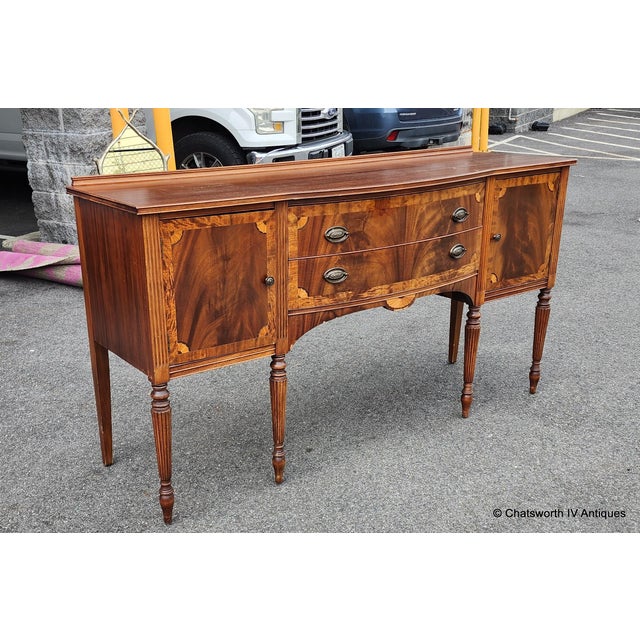 Wood Antique 1930s Banded Mahogany Sheraton Style Dining Room Sideboard For Sale - Image 7 of 15