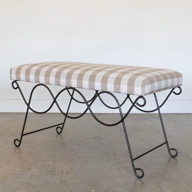 French Panoplie Iron Double Loop Bench, Tan Gingham For Sale - Image 3 of 9