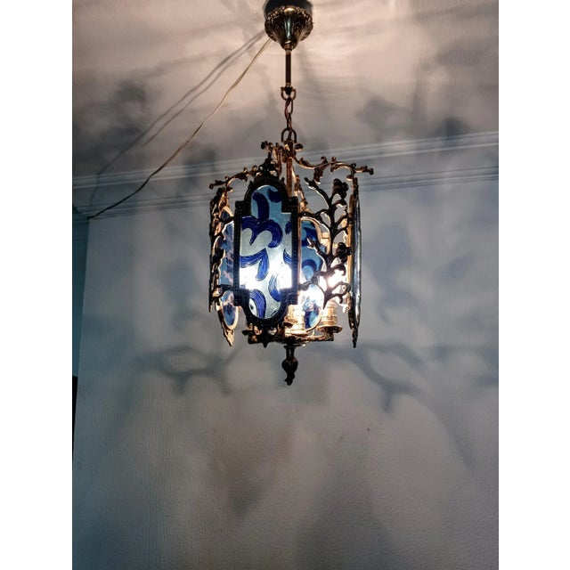 1960s Vintage French Brass Stained Glass Style Blue Colored Chandelier Basket Ceiling Fixture For Sale - Image 5 of 11