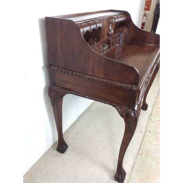 Vintage Walnut Chippendale Style Open Front Writing Desk With Brass Hardware For Sale - Image 9 of 18