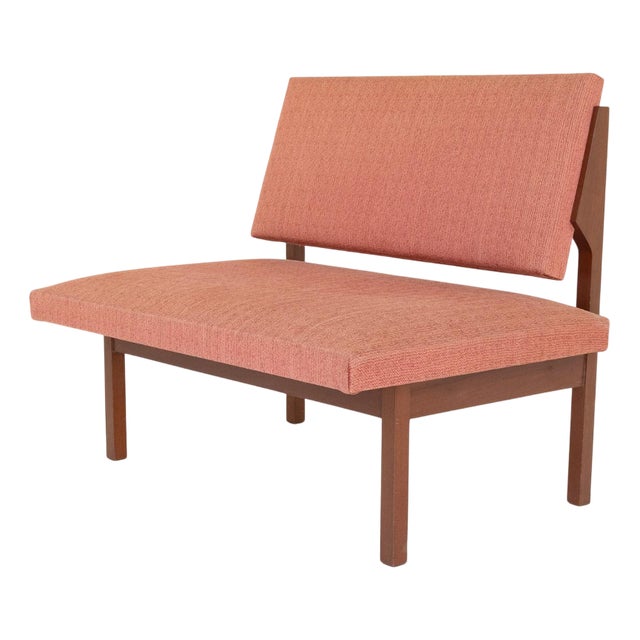 Vintage Lounge Bench in Wood and Brick Red Fabric, 1970s For Sale