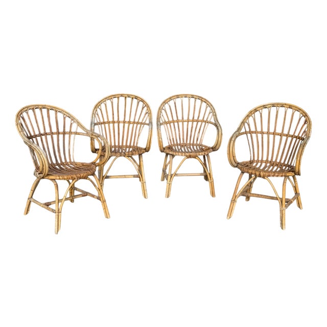 Rattan Armchairs, France, 1960s, Set of 4 For Sale