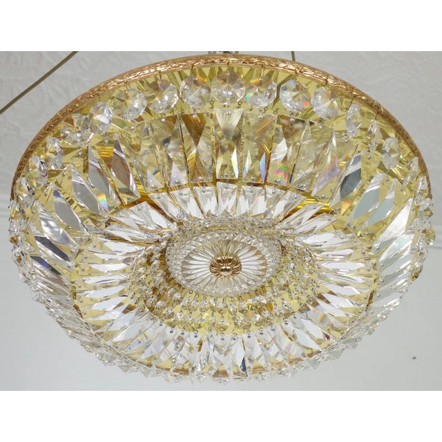 Metal 1960's Austrian Regency Gold Plate Framed Cut Lead Crystal Ceiling Flush Mount/ Plafonnier Lighting Fixture by Palme & Walter For Sale - Image 7 of 18