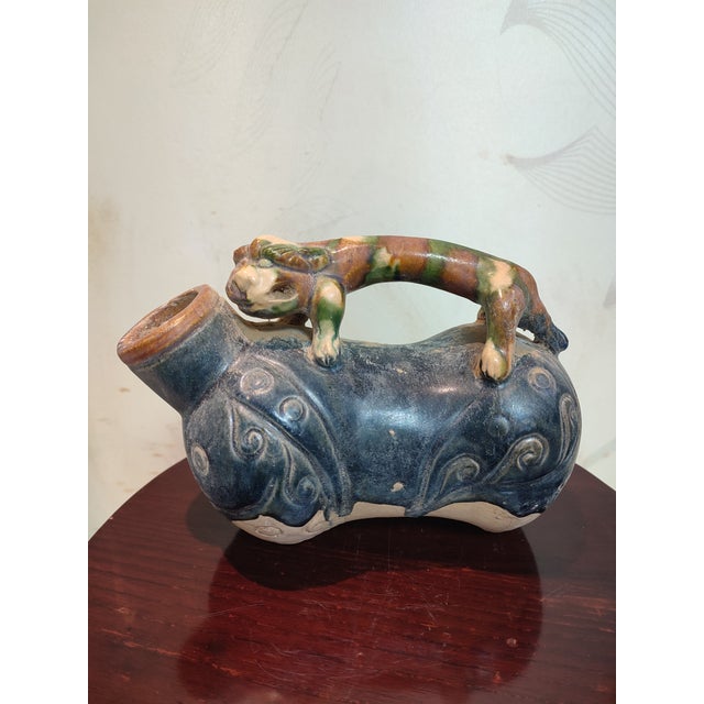 Green Chinese Ceramic Pot Trio-Colored Glazed Pottery Water Pot Hand Carved Tiger Shape For Sale - Image 8 of 9