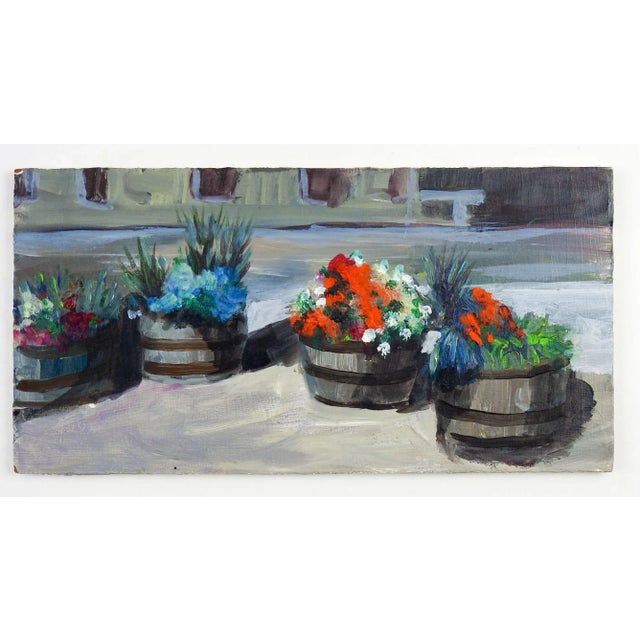 Oil on Masonite painting of a container garden. Unsigned. Unframed, edge wear.