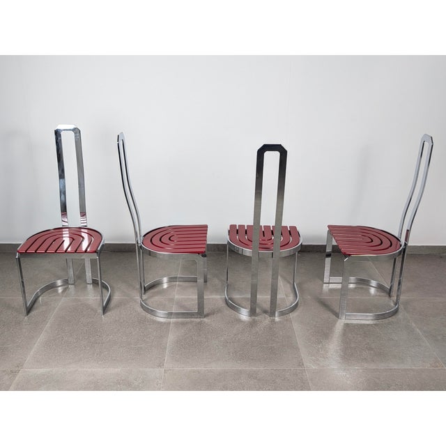 Wood Postmodern Chairs in Chrome Steel and Red Wood, 1980s, Set of 4 For Sale - Image 7 of 12