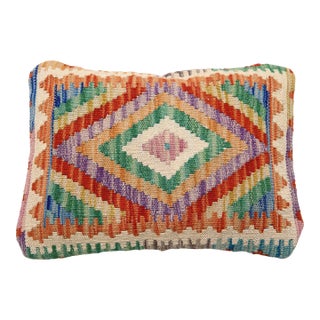 Arteverk Handwoven Afghan Kilim Lumbar Pillow — Green & Purple Diamonds For Sale