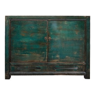 Distressed Dark Teal Blue Green Doors Credenza Sideboard Console Table For Sale
