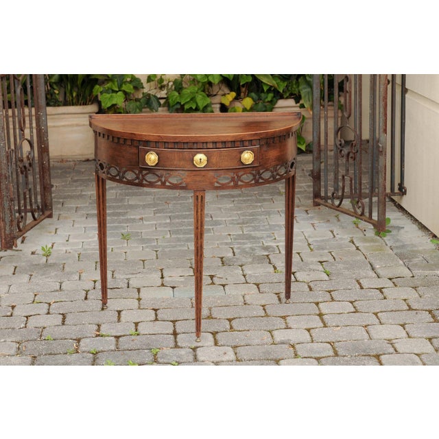English English 1860s Oak Demilune Table with Drawer, Tapered Legs and Pierced Motifs For Sale - Image 3 of 10
