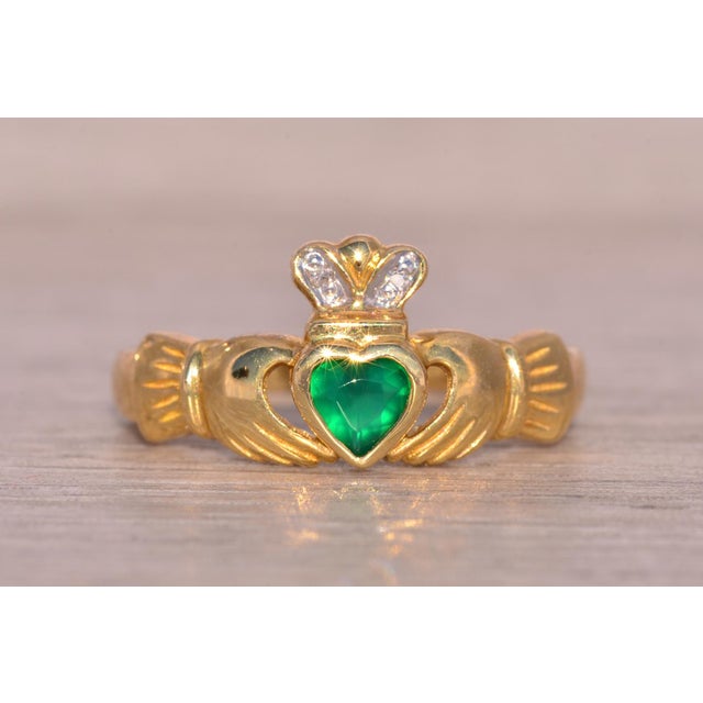 The Balbriggan: Irish Made Designer Signed Green Agate and Natural Diaaond Claddagh Ring For Sale - Image 4 of 11