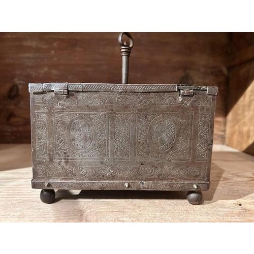 Metal Small Chiseled Iron Chest, Nuremberg, Germany, Early 17th Century For Sale - Image 7 of 11