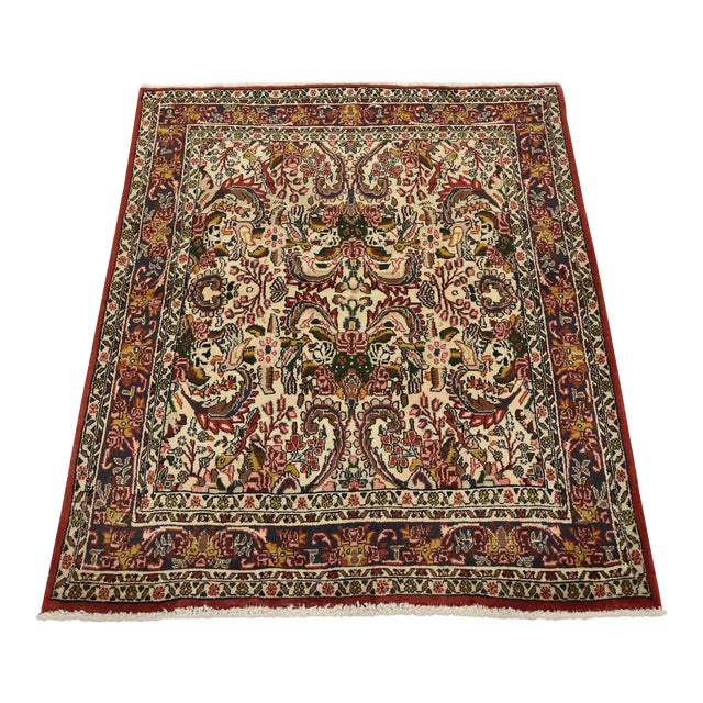Fine Bidjar Rug 3’11” X 4’7” Ivory Wool Vintage Hand-Knotted Oriental Carpet For Sale