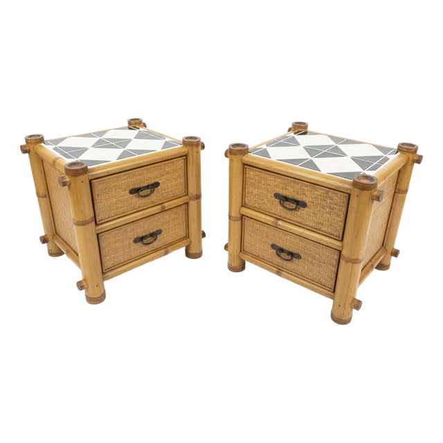 Mid-Century Modern Bamboo and Rattan Nightstands With Geometric Tile Tops - Pair For Sale