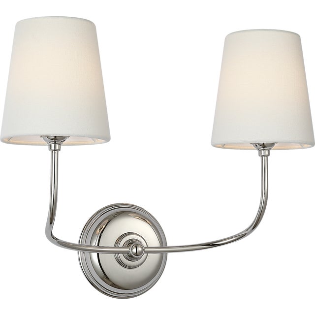 Visual Comfort Thomas O'Brien for Visual Comfort Signature Vendome 16" Cordless Double Sconce in Polished Nickel with Linen Shades For Sale - Image 4 of 11