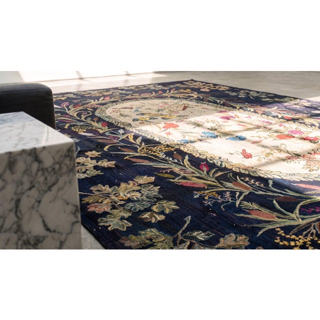 Textile Extraordinary Navy Background With Nice Folk Art Style Antique American Hooked Rug For Sale - Image 7 of 9