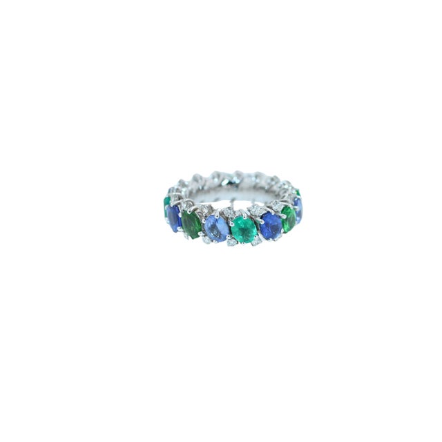 Diamond Emerald Sapphire Tsavorite Flexible Unique Eternity Band White Gold Ring, Size 5 For Sale - Image 4 of 18