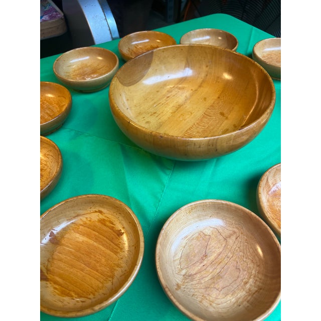 1970s Collection of Stamped Sterling Silver Pedestal Wooden Bowl With Serving Dishes - Set of 12 For Sale - Image 9 of 12