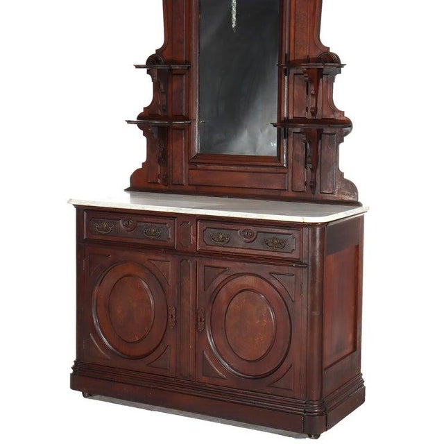 Traditional Antique Brooks Renaissance Revival Carved Walnut, Burl & Marble Sideboard C1890 For Sale - Image 3 of 18