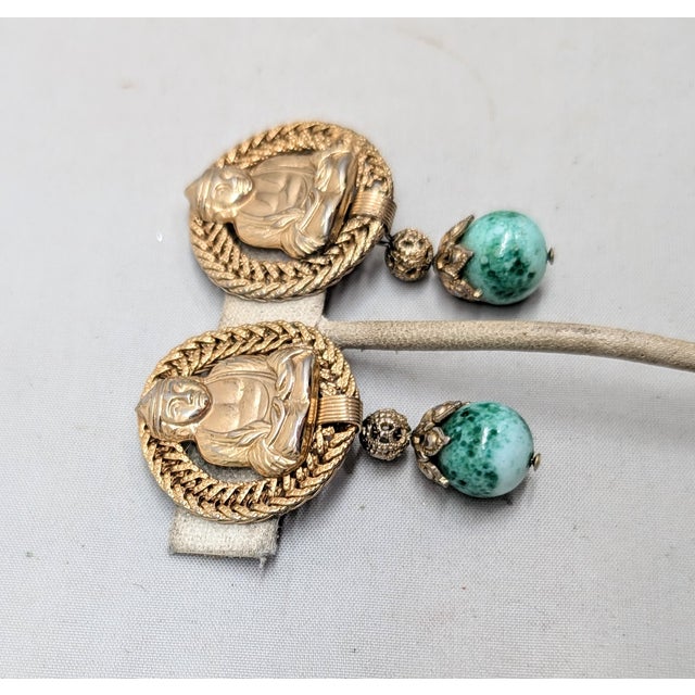 Metal Vintage 1960s Signed Napier Goldtone Buddha Faux-Jade Drop Clip Earrings-2 Pieces For Sale - Image 7 of 10