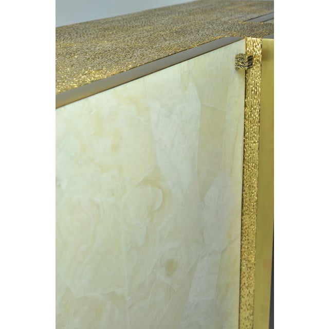 Contemporary Gold Leaf Fiber Marquetry, Black Stone, Brass, and White Rock Crystal Cabinet by François-Xavier Turrou for Ginger Brown For Sale - Image 3 of 12