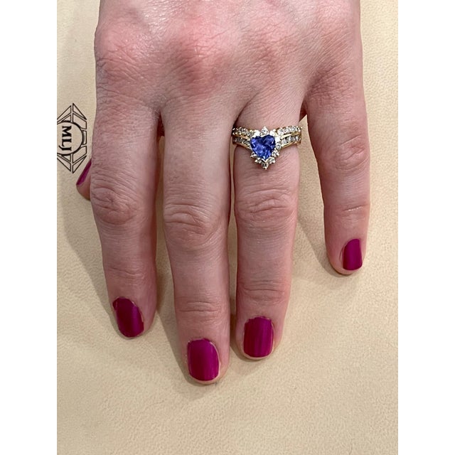 1.25 Carat Heart Shape Tanzanite and 1.5 Carat Diamond Ring 14 Karat Yellow Gold For Sale - Image 10 of 18