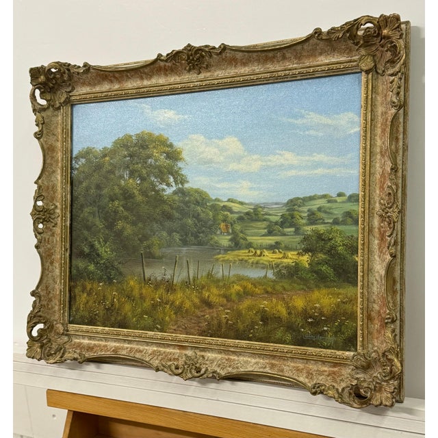 Lush Green English Countryside with Cottage & River by British Landscape Artist 1980 Circa For Sale - Image 16 of 18