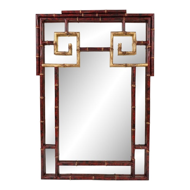 Mid 20th Century Red Faux Tortoise Shell & Parcel Gilt Newly Painted Chinoiserie Mirror by Turtle and Crane - Tony Duquette & Maitland-Smith Style For Sale