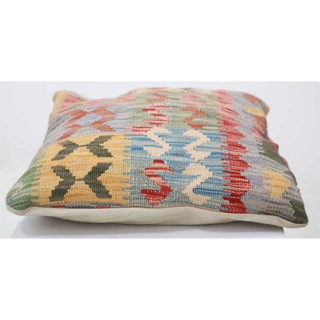 Tribal Arteverk Handwoven Afghan Kilim Pillow — Red & Green Geometric Patchwork For Sale - Image 3 of 3