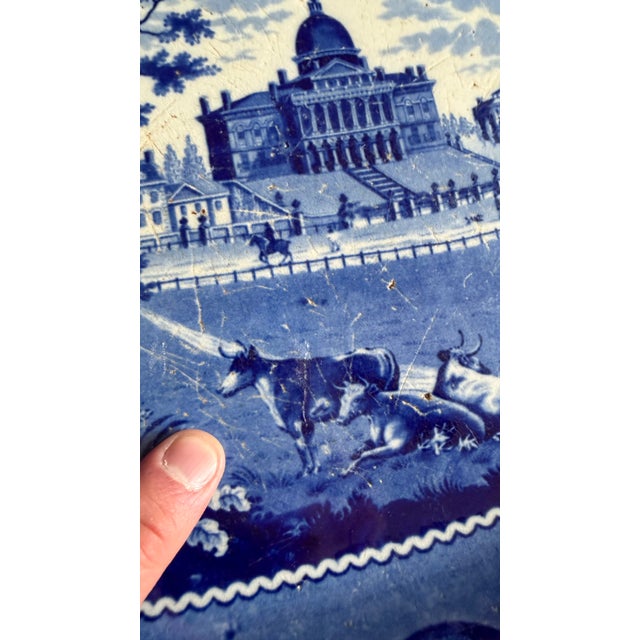 A Very Nice Antique Historical Blue Decorated Staffordshire Platter "State House Boston" by J. Stubbs, Circa 1820's For Sale - Image 11 of 14