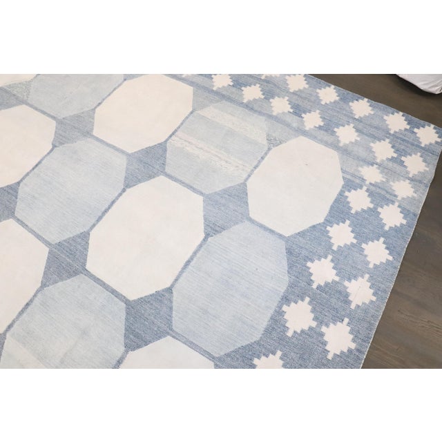 Textile Antique Zabihi Collection Massive White Blue Indian Dhurrie Rug - 13'7" x 18'2" For Sale - Image 7 of 12