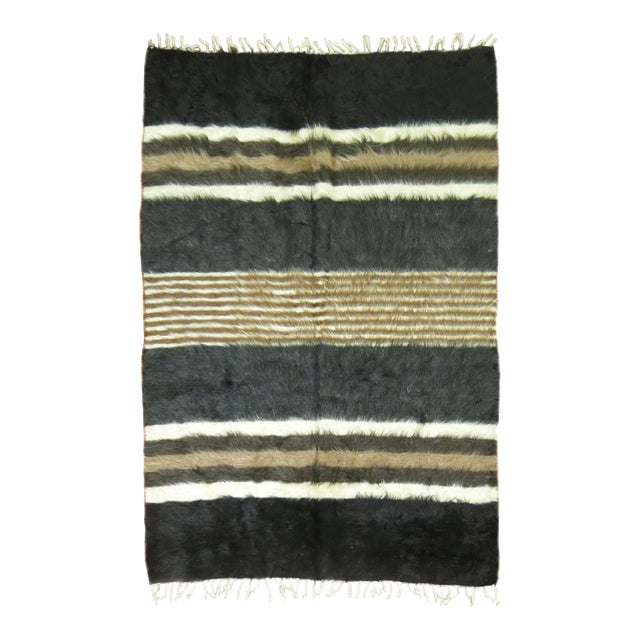 Black Gray Brown Ivory Plush Organic Vintage Mohair Wool Rug - 4'2" x 6' For Sale