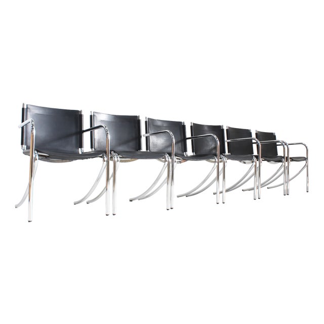 Vintage Jot Dining Chairs in Black Leather and Chrome by Giotto Stoppino for Acerbis, 1970s, Set of 6 For Sale