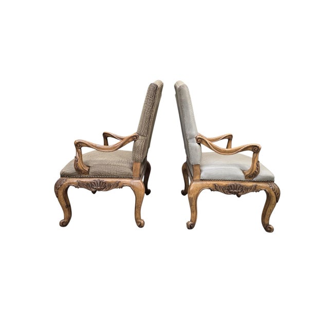 French Provincial Vintage Georgian Revival Style Carved Wood Armchairs by Plunkett Furniture - Pair For Sale - Image 3 of 10