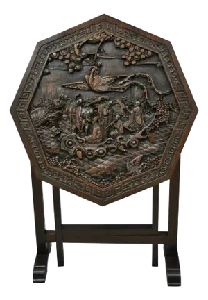 Antique Chinese Carved Hardwood Folding Gate Leg Table With Figural Carvings