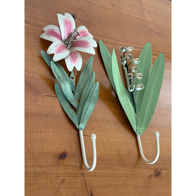 Metal Vintage Painted Tole Flower Wall Hooks, a Pair For Sale - Image 7 of 7