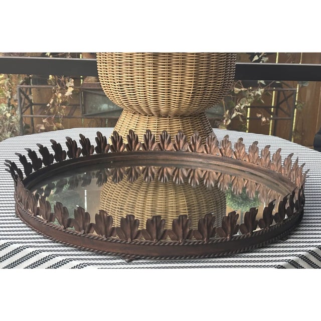 Large Vintage Italian Tole Acanthus Leaf Round Mirrored Tray / Mirrored Plateau / Round Mirrored Cocktail Tray For Sale - Image 9 of 17