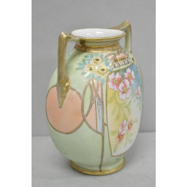 Early 20th Century Antique Nippon Art Nouveau Hand Painted Porcelain Pink Flower Twin Handle Vase For Sale - Image 5 of 14