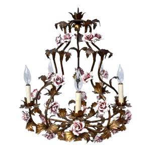 Mid 20th Century Italian Mid-Century Modern Tole Chandelier, Gold Gilt, Porcelain Roses